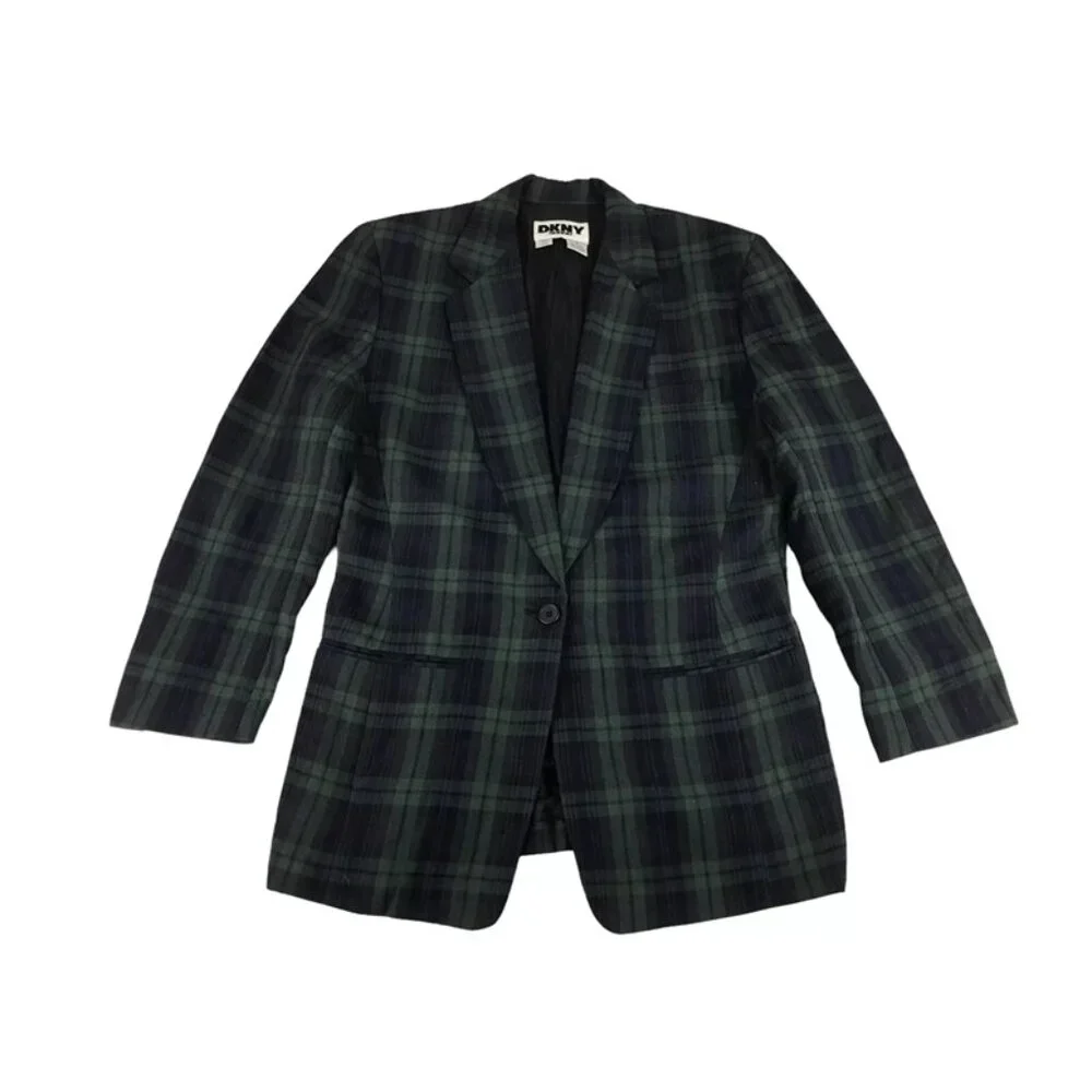 Dkny‎ Jeans Mens Blue Green Plaid Long Sleeve Notch Collar Blazer Jacket Size 4